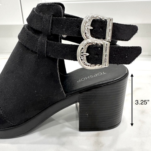 TOPSHOP Brand New Women’s Black Suede Heeled Buckle Peaking Toe Bootie Sandals - Picture 7 of 11